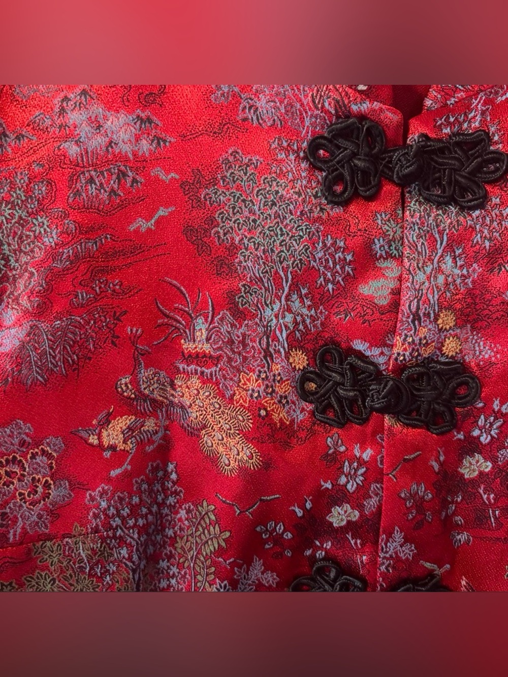 Vintage 90s Red Brocade Chinese Crop Jacket Peacock Motif Frog Closure Y2K XS - Picture 3 of 5